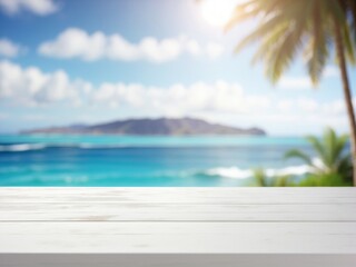 Summer beach background. Empty white table top in front, close-up, blurred tropical resort background. Vacation paradise banner with empty space for advertising product. Blank shelf generated by AI