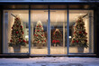 A modern glass pivot door is decorated brightly with christmas and new years decoration the place seen from the exterior typical christmas wreath and ornamental decoration