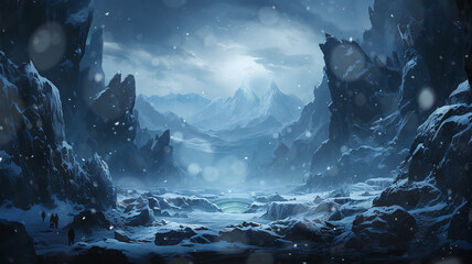 icy world, twilight in a frozen world among icy rocks snowfall, abstract cold blue landscape mountains
