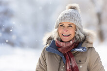 A Senior Caucasian Woman Is Playing In The Snow Happily With A Winter Coat And A Winter Hat In A In Snow Covered Country Landscape During Day In Winter While Snowing