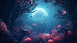 A Blue Moon Rose bush in a mesmerizing underwater world, with iridescent fish swimming around it.