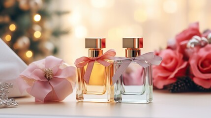 Wall Mural - Stylish tender perfume composition with perfume bottles for Christmas, birthday celebration