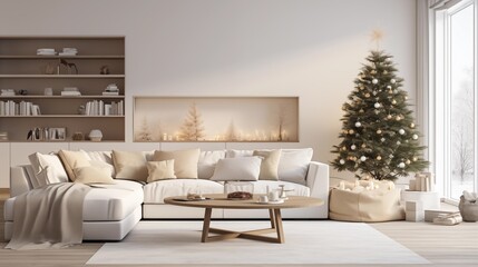 photograph of a modern living room with white and natural wood furniture in minimalist design decorated with a christmas tree and lights