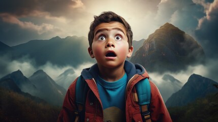 Wall Mural - amazed boy on a mountain. generative ai