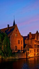 Wall Mural - Famous view of Bruges tourist landmark attraction - Rozenhoedkaai canal with Belfry and old houses along canal with tree in the night. Brugge, Belgium. Camera pan