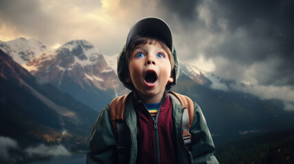 Wall Mural - amazed boy on a mountain. generative ai