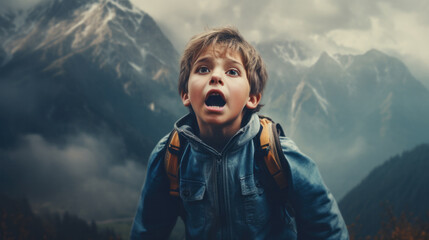 Wall Mural - amazed boy on a mountain. generative ai