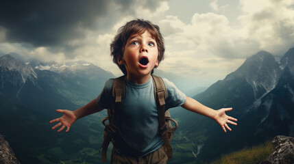 Wall Mural - amazed boy on a mountain. generative ai