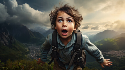 Wall Mural - amazed boy on a mountain. generative ai