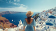 a woman in Santorini, looking over from the top view of Oia below the famous three dome blue church - Generative AI