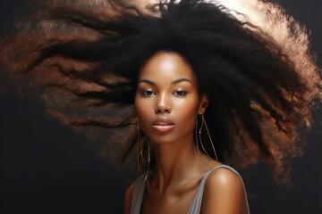 Wall Mural - Ha Big Woman Black American African Portrait Stunning hair girl young attractive daydream curly thoughtful casual attire people female afro positive cute smile lady youth lifestyle lip