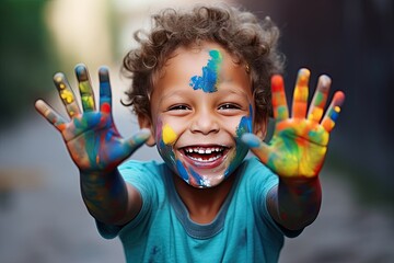 hands painted boy happy beautiful african laughter art artist artistic artwork black blue boy smilin