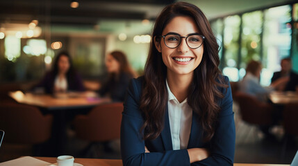 Wall Mural - Businesswoman smiling at meeting table, listening, learning, success, happiness - Generative AI