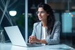 © sandra - office laptop conference video making while webcam speaking looking woman business confident   beautiful businesswoman blog broadcasting camera coaching conversation negotiate