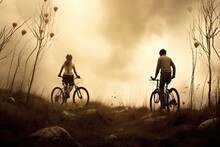 Outdoors Couple Bike Mountain  Bike Cycling Exercise Mountain Ride Sport Panorama Panoramic Silhouette Sunset Dusk Active Adult Adventure Attractive Beautiful Bicycle Biking Casual Attire