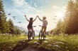 five high other each giving helmets bikes woods road asphalt mountain goes couple happy  bike mountain bicycle couple cycling young country family people ride active recreation forest road
