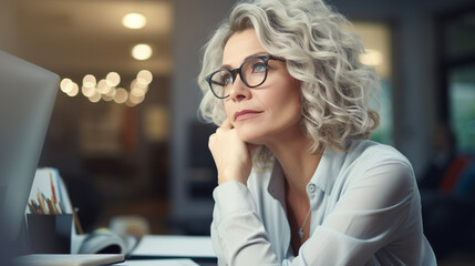 Wall Mural - Mature female professional sitting at her desk looking away and thinking - Generative AI