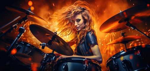 Wall Mural - a women playing drums at a gig with blurring lights