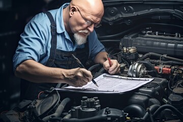 maintenance service car machine repair checklist clipboard writing inspecting engine checking repairman mechanic automobile concept services inspection shop auto garage technician workshop men