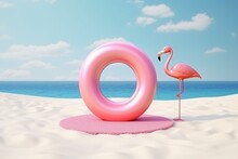 Pink Flamingo And Circle On Beach With Sand, Sea Rest Concept, Mock Up, 3d Rendering. Generative AI