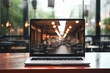 restaurant shop coffee screen blank showing laptop computer macbook mac pro hot drink table 2017 workspace desk mock eatery frame template front view indoor interior design lamp light up