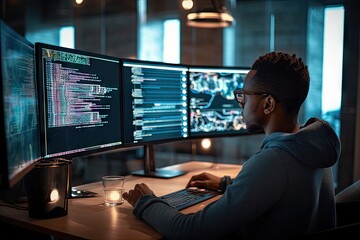 screen focused image office monitors three workplace sitting code program writing programmer male african young computer software programming developer coding development technology
