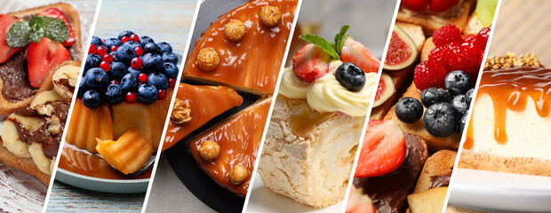 Wall Mural - Assortment of tasty desserts. Collage with different meals, closeup
