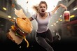 food fast fighting woman young fit   fast food food woman lifestyle nourishment fit cheeseburger unhealthy fitness girl eat hamburger fast burger sandwich defend health bad concept fats
