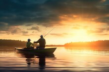 Sunset Boat Fish Catch Son Father Fishing Lake Mazury Sport Man Angler Activity Recreational Recreation Hobby Nature Fisherman Summer Water Vacation Holiday Pole Rod Float Lure Sunny Fresh Reel Sunr