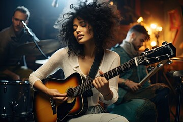 guitarist bass saxophonist drummer background crossed legs chair sitting while guitar playing singing woman race mixed jazz multiethnic performance singer studio