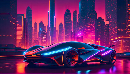 Futuristic purple and blue neon sports car parked in front of tall city buildings, orange and pink sky in the background. Neon lights reflecting on the street. Futuristic car concept.