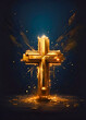 Shiny golden Christian faith or religion cross standing on a wooden table placed in front of a dark navy blue background. Symbolizing the crucifixion of Jesus Christ, Biblical concept and belief