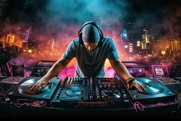 concept party edm nightclub players cd famous best plays dj turntable jockey sc charismatic laptop fog club mixing clubbing finger light dance sound technology equipment stage earphones