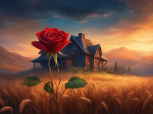 Red Rose Flower Among Wheat Fields - Created With Generative AI Technology