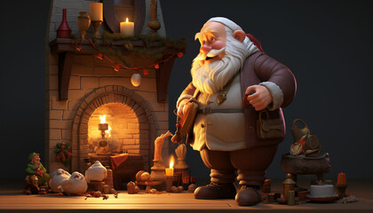 3D models of characters and scenes of fairy house on santa claus with candle light