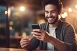 © sandra - smartphone mobile messaging online chatting he shop coffee modern smartphone using male happy  mobile happy man user alert app application browsing cafes cafes communication connection