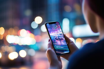 background colorful light night phone smart mobile using woman texting network social touch colourful technology cheerful business app digital screen marketing person wireless messaging