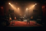 Fototapeta  - concert music live unplugged small stage empty night light dark old room artistic song studio rythm audio beat set drum black bass metal show acoustic classical performer background