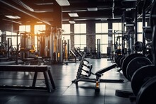 Interior Background Room Gym Fitness Center Fully Equip Bodybuilding Equipments Machines Nobody Indoor Recreation Steel Trainer Health Healthy Training Elliptical Dumbbell Barbell Wellness Strength