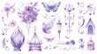 set collection of purple delicate accessories of a fairy princess watercolor drawing isolated on a white background  soft lavender color