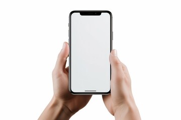 Wall Mural - position vertical phone black modern holding hand Female background white smartphone hands Isolated mobile smart up screen selfie design round mock technology blank communication cyberspace display