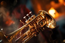Closeup Trumpet Fragment Part Instrument Music Musical Brass Shiny Metal Valva Wind Entertainment Mouthpiece Cornet Horizontal Blurred Image Metallic Art Equipment Jazz
