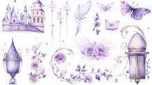 Set Collection Of Purple Delicate Accessories Of A Fairy Princess Watercolor Drawing Isolated On A White Background  Soft Lavender Color
