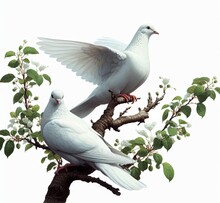 A Male And Female White Dove Perched On A Tree Limb On A White Background
