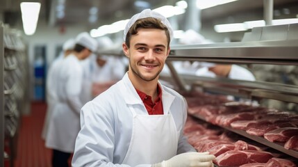 Wall Mural - Meat industry worker gathering packed meat at a food factory, Food processing plant concept.