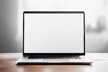 Screen Blank Laptop Table Background White Mockup Computer Business Technology Office Notebook Work Display Portable Home Desk Workspace View Room Wooden Workplace Cyberspace Open Design