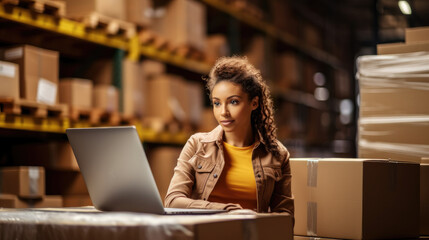 Aufkleber - Warehouse worker woman checking and controlling shipment on laptop in workplace.