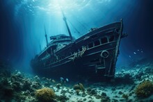 A View Of The Wreck Of A Sunken Ship In The Red Sea, Titanic Shipwreck Lying Silently On The Ocean Floor. The Image Showcases The Immense Scale Of The Shipwreck, AI Generated
