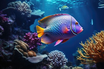 Wall Mural - Underwater scene with colorful tropical fish and corals. Underwater world, Tropical fish on coral reef in ocean. Underwater scene, AI Generated