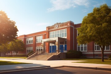 exterior building school American typical View education back to academic america architectural architecture brick campus children classroom elementary entrance facades facility grammar grass